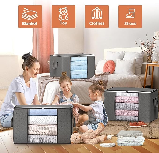 Budding Joy 90 L Large Storage Bags, 10 Pack Clothes Storage Bins Foldable Closet Organizers Storage Containers with Reinforced Handle for Clothing, Blanket, Comforters, Bed Sheets, Pillows (Gray) - Image 4
