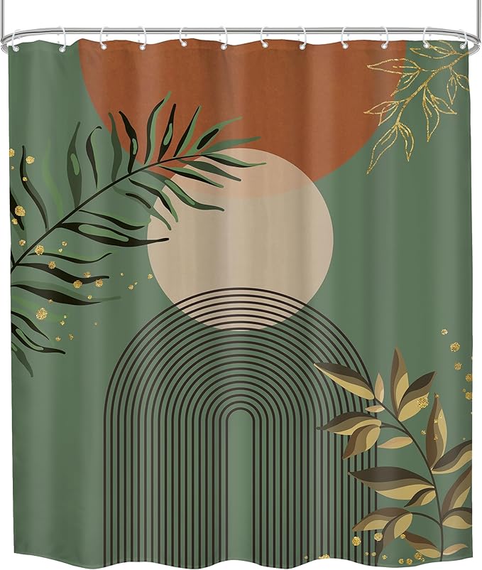 Boho Dark Green Shower Curtain 60Wx72H Abstract Bohemian Mid Century Minimalist Teal Gold Leaf Arch Geometric Plant Neutral Bathroom Decor Botany Bath Curtain Fabric Polyester 12 Pack Hooks - Image 8