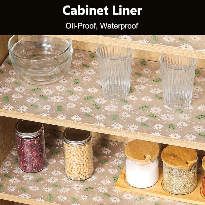 INNOLITES Shelf Liner for Cabinets, Non-Adhesive for Kitchen Drawer Liner, Waterproof Shelf Paper with Floral Pattern, Durable Easy to Clean (Green Daisy, 23.6" x 236") - Image 3