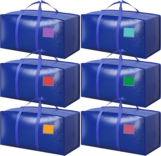 6 Pack Extra Large Heavy Duty Moving Bags with Reinforced Zipper & Wide Handles, Moisture-Resistant Storage Bins Packing Cubes for Clothes, College Dorm, Travel, and Home Organization, Blue by Unknown