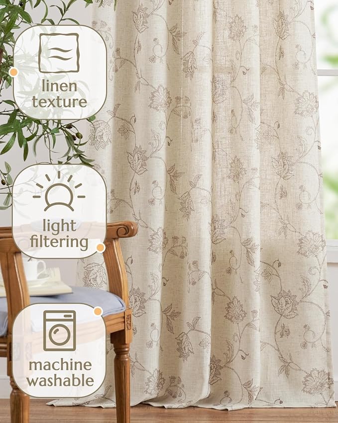 jinchan Linen Curtains Floral Curtain 84 Inch Length for Living Room Bedroom Light Filtering Rod Pocket Back Tab Jacobean Curtains Flax Linen Texture Window Drapes Set 2 Panels Taupe on Linen - Image 4