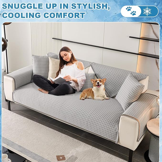 OTOB Cooling Dog Couch Cover Ice Silk Fiber, Washable & Non Slip Sofa Slipcovers Mat, Soft Couch Cover Cooling Mat, Durable Pet Friendly Furniture Protector Covers (Gray, 28"*59") - Image 9