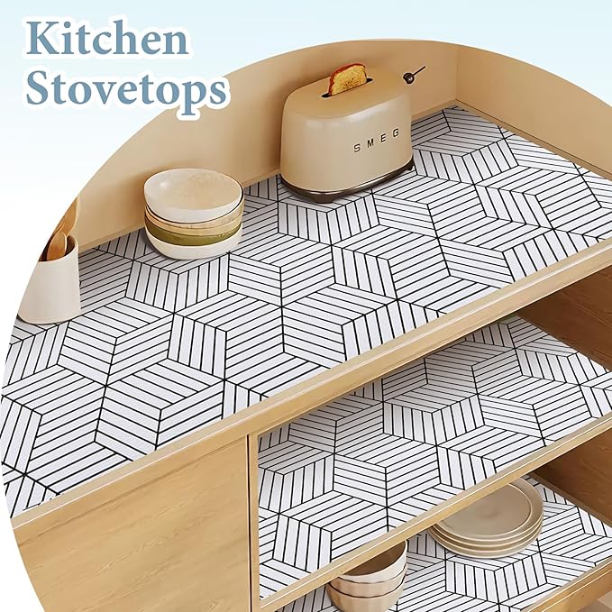 Shelf Liners for Kitchen Cabinets 17in x 20FT, Non Adhesive Cabinet Liner Strong Non-Slip Thickened Black White Geometric Drawer Liner, Easy to Clean for Shelf, Cabinet with Knife and Tape Measure - Image 4