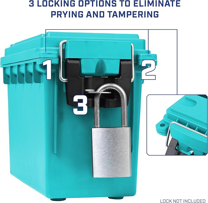 Sheffield 12633 Ammo Storage Box, Stackable .30 Cal Field Boxes, Water and Dust Resistant, Lockable Storage Box with Handle, Secures Hunting Gear, Supplies, and Bullets, Made in USA, Teal, 1-Pack - Image 5