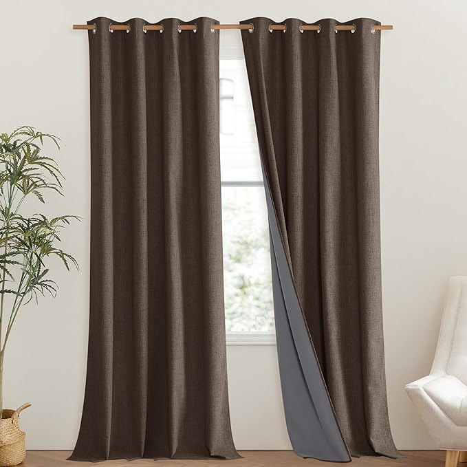 NICETOWN Coffee Vintage Linen 100% Blackout Curtains for Living Room, Thermal Insulated Curtains 102" Long, Noise Reducing Window Treatment Drapes for Hall Room, 52" Wide Per Panel, Set of 2 - Image 2
