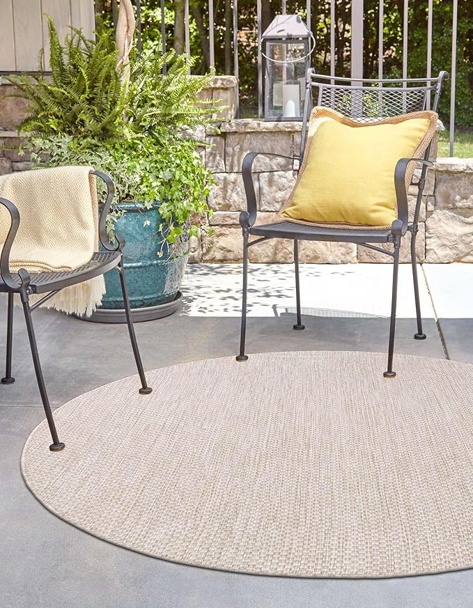 Unique Loom Outdoor Solid Collection Area Rug (7' 10" Round Beige/Ivory) - Image 3