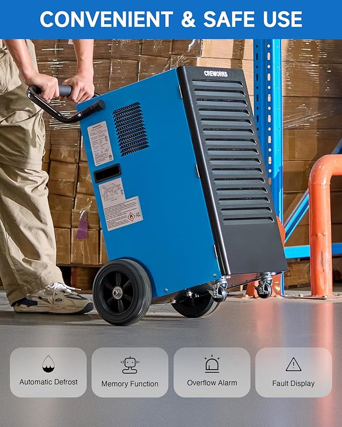 CREWORKS 180 PPD Commercial Dehumidifier, 180 Pint Dehumidifier for Basement with Wheels Drain Hose, Portable Professional Basement Dehumidification with Auto Defrost Display Panel - Image 2