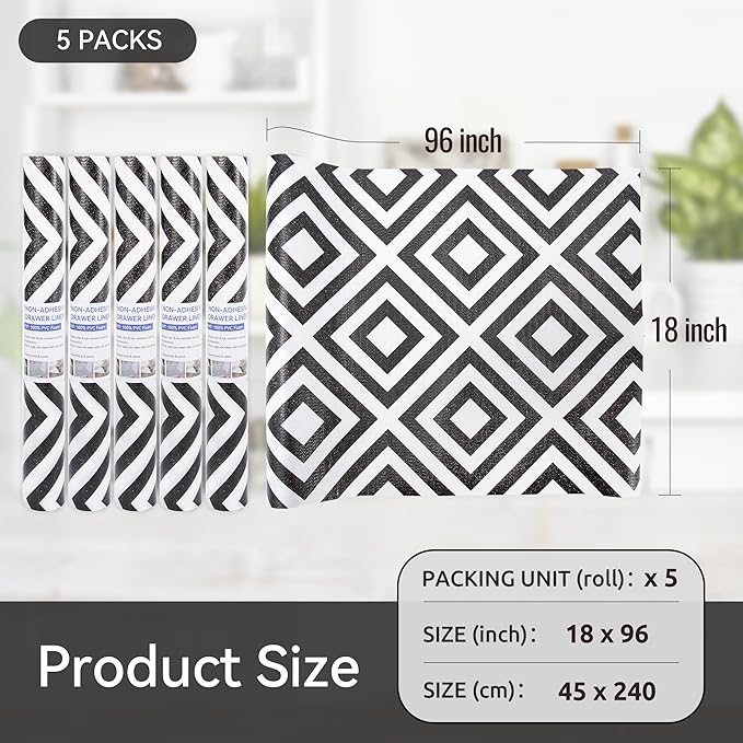 FIFTY FEET 18"x96" Non-Adhesive Shelf Liner for Kitchen Cabinets and Drawers, Washable Non-Slip PVC Cabinet Liner (Black Plaid)(5 Roll) - Image 5