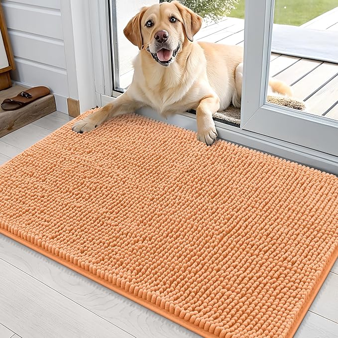 OLANLY Dog Door Mat for Muddy Paws 36x24, Absorbs Moisture and Dirt, Absorbent Non-Slip Washable Doormat, Quick Dry Chenille Mud Mat for Dogs, Entry Indoor Entryway Carpet for Inside Floor, Orange by OLANLY