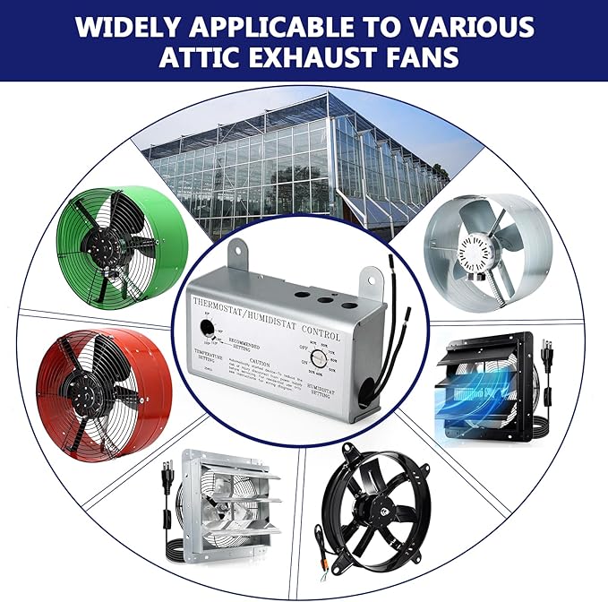 Hiorucet Attic Fan with Thermostat Humidistat Controller, Adjustable Temperature Humidity Controller for Workshops Greenhouses Garages, Attic Ventilator Fan Thermostat Humidistat Control Box - Image 6