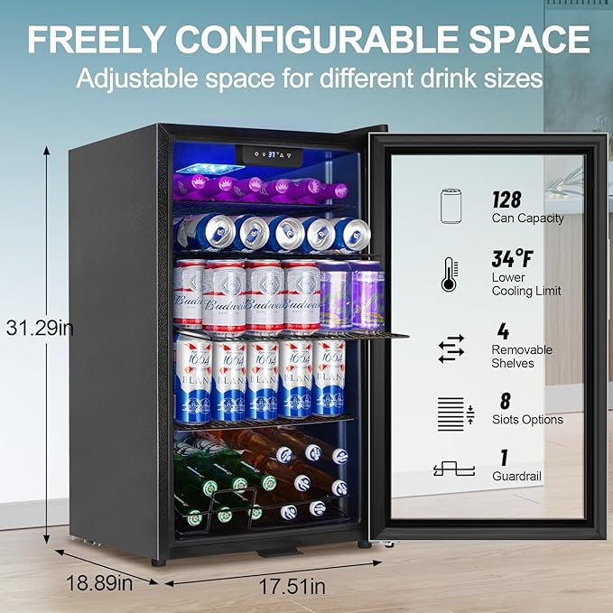 128 Cans Beverage Refrigerator Cooler, 3.2 Cu.Ft Mini Drink Fridge Glass Door for Drink Beer Soda Wine, Beer Fridge with 4 Removable Shelves for Kitchen Bedroom, Office Bar Gaming Room,Stainless Steel - Image 2