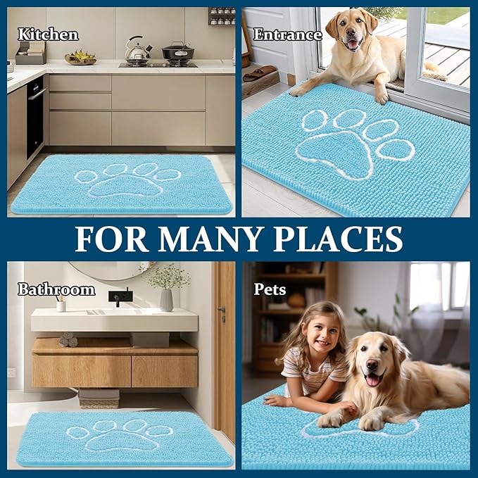 OLANLY Dog Door Mat for Muddy Paws 30x20, Paw Print Design, Absorbs Moisture and Dirt, Absorbent Non-Slip Washable Doormat, Quick Dry Chenille Mud Mat for Dogs, Entry Indoor Entryway Carpet, Blue - Image 8