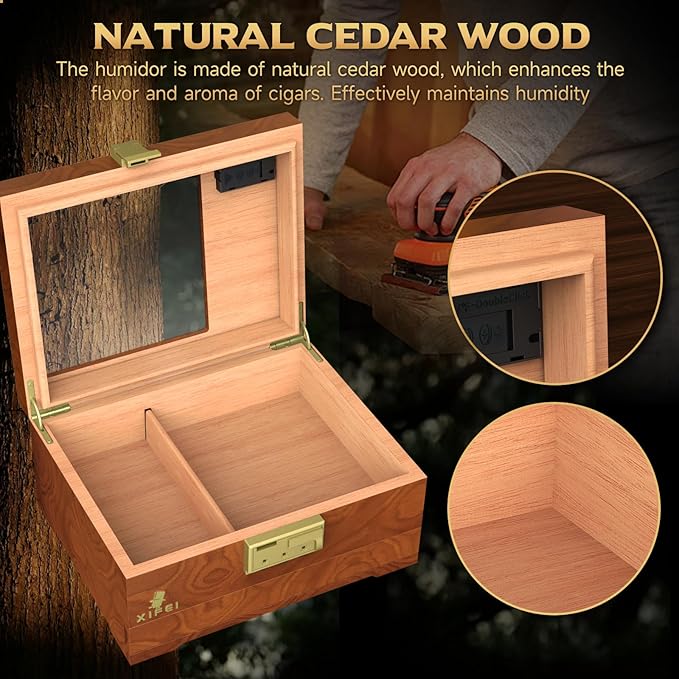 XIFEI Cigar Humidor Box, Cedar Wood Desktop Cigar Case with Digital Hygrometer, Humidifier, Divider, Accessories Drawer and Combination Lock, Glass Top Humidors Gift for Men (Brown) - Image 5