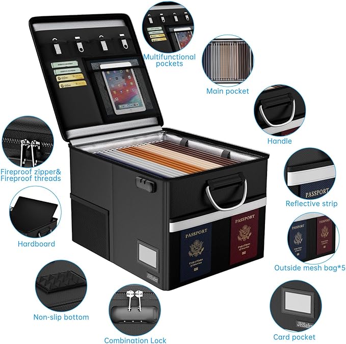 5200℉ Fireproof Document Box with Lock, Waterproof File Organizer with Handle, Portable Collapsible Filing Cabinet with Reflective Strip for Hanging Letter/Legal Folder, Black - Image 7