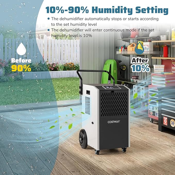 COSTWAY 154 Pints Commercial Dehumidifier with Pump, Portable Industrial Heavy Duty Large Dehumidifier with Drain Hoses for Basements, Job Sites (White) - Image 2