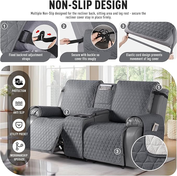 TAOCOCO 100% Waterproof Loveseat Recliner Couch Sofa Covers with Console,Double Reclining Couch Cover Non-Slip Sofa Slipcovers Washable,Furniture Protector Covers for Kids,Pets(2 Seater,Dark Gray) - Image 4