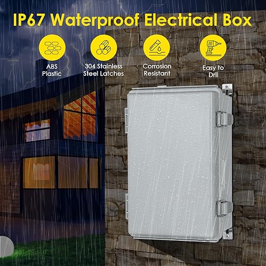 Waterproof Electrical Junction Box, IP67 ABS Plastic Junction Box Enclosure with Aluminum DIN Rail, Mounting Plate, Wall Brackets for WiFi Electronics Project, Grey (10.2''×6.3''×3.9'') - Image 2