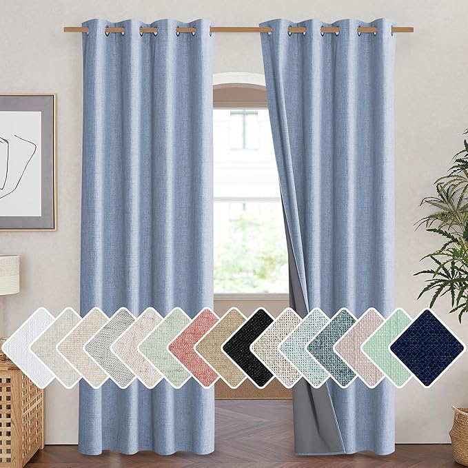 NICETOWN Stone Blue Vintage Linen 100% Blackout Curtains for Living Room, Thermal Insulated Curtains 84“ Long, Noise Reducing Window Treatment Drapes for Hall Room, 52" Wide Per Panel, Set of 2 by NICETOWN