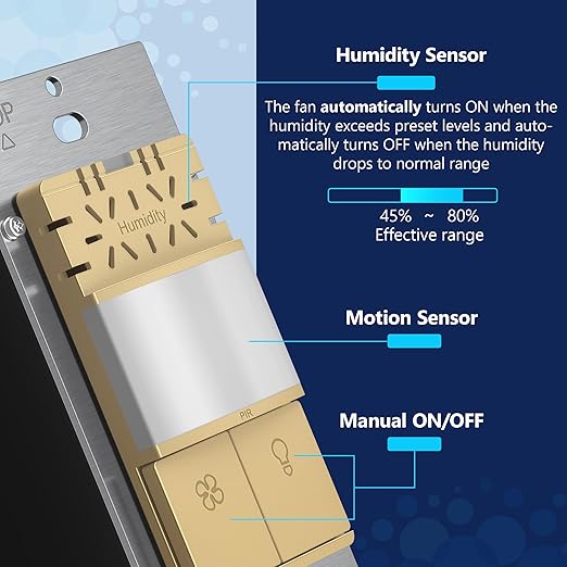 LIDER Humidity Sensor Switch and Motion Sensor Light Switch, PIR Sensor, Humidity Detection, Occupancy/Vacancy, No Neutral Required, ¼ HP, 1-Pole, Gold, Screwless Wall Plate Included - Image 3