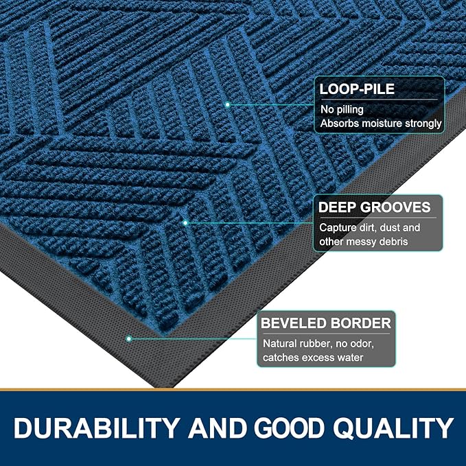 Smiry Front Door Mat Outside Entrance, Heavy Duty Sturdy Natural Rubber Doormat, Trap Dirt and Moisture, Easy Clean Low Profile Welcome Floor Mats for Indoor Outdoor Entry, 35X23 Inch, Mixed Blue - Image 4