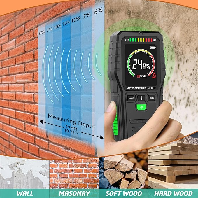 Pinless Moisture Meters Non-Invasive Digital Wood Moisture Tester Water Leak Detector for Wall,Lumber, building,Firewood,Humidity Tester (Black_Case) - Image 2