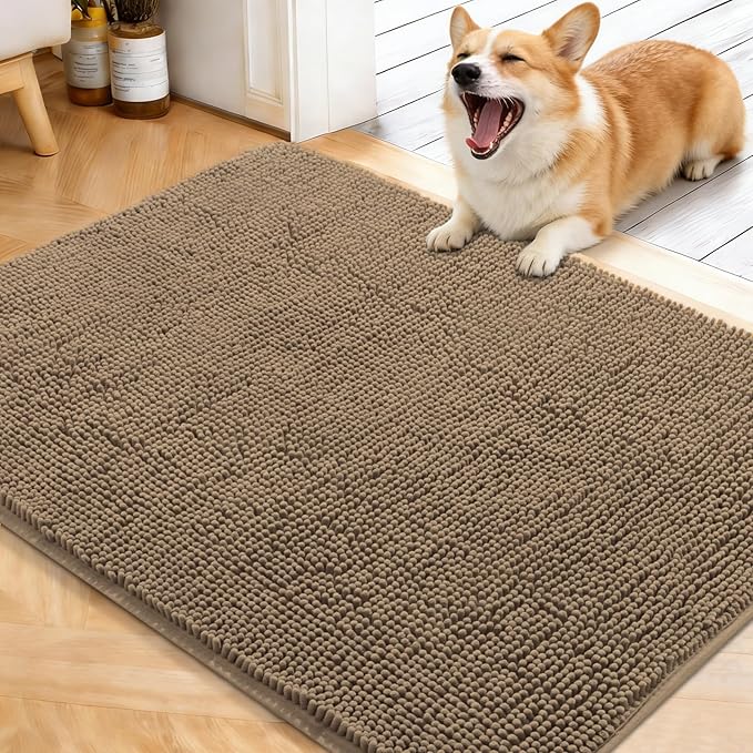 OLANLY Dog Door Mat for Muddy Paws 40x32, Absorbs Moisture and Dirt, Absorbent Non-Slip Washable Doormat, Quick Dry Chenille Mud Mat for Dogs, Entry Indoor Entryway Carpet for Inside Floor, Tan by OLANLY