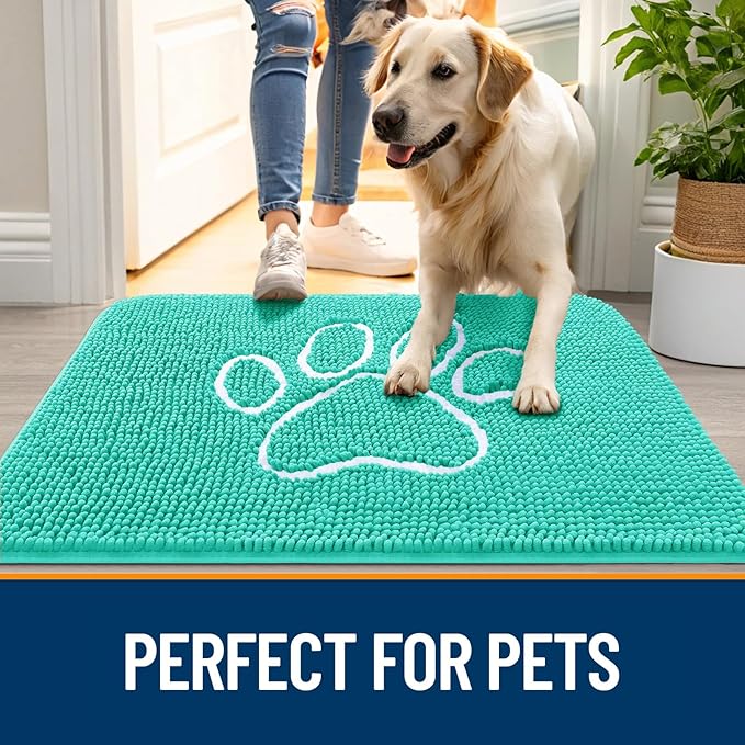 OLANLY Dog Door Mat for Muddy Paws 48x30, Paw Print Design, Absorbs Moisture and Dirt, Absorbent Non-Slip Washable Doormat, Quick Dry Chenille Mud Mat for Dogs, Entry Indoor Entryway Carpet, Teal - Image 6