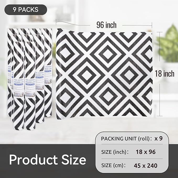 FIFTY FEET 18"x96" Non-Adhesive Shelf Liner for Kitchen Cabinets and Drawers, Washable Non-Slip PVC Cabinet Liner (Black Plaid)(9 Roll) - Image 5