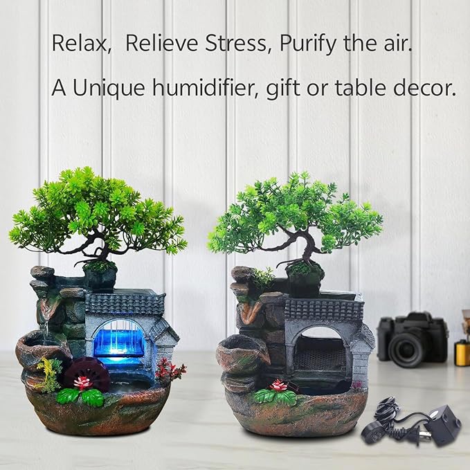 11" Desktop Fountain Rock Waterfall Humidifier with Artificial Tree &LED Light, Tabletop Water Fountains Indoor Fake Plant Bonsai Tree Feng Shui Decoration for Aquariums Office Bedroom Home Décor - Image 5