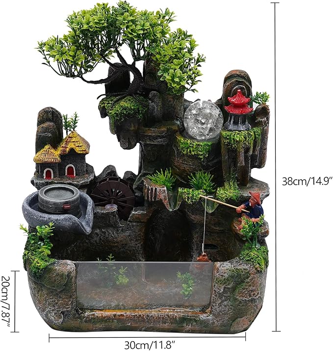 15" LED Desktop Fountain Waterfall Decor, Atomizing Desktop Humidifier w/LED Lights & Atomizer for Office Home Desk Decoration Gift Zen Meditation Resin Rockery Water Fountain Bonsai Bedroom Relax - Image 6