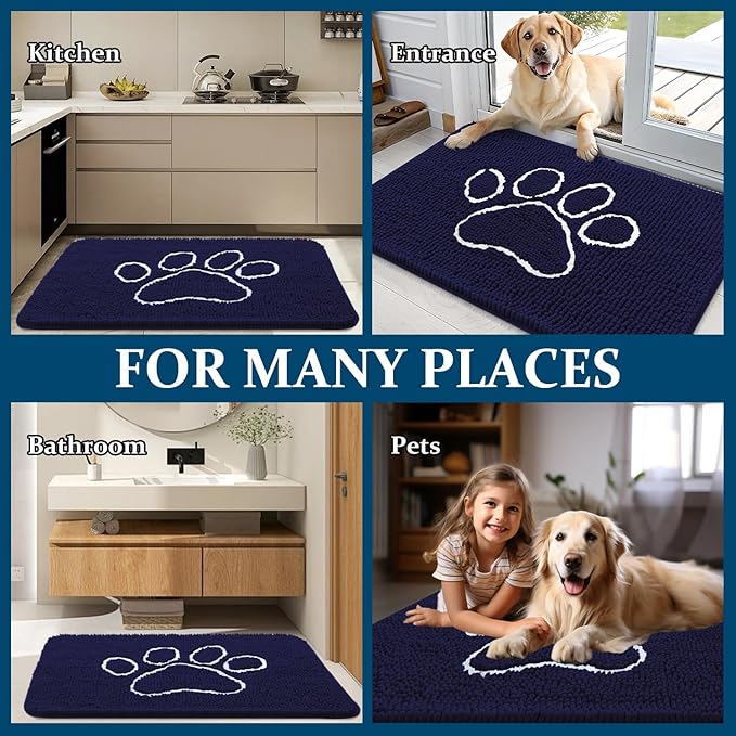 OLANLY Dog Door Mat for Muddy Paws 59x35, Paw Print Design, Absorbs Moisture and Dirt, Absorbent Non-Slip Washable Doormat, Quick Dry Chenille Mud Mat for Dogs, Entry Indoor Entryway Carpet, Navy Blue - Image 8