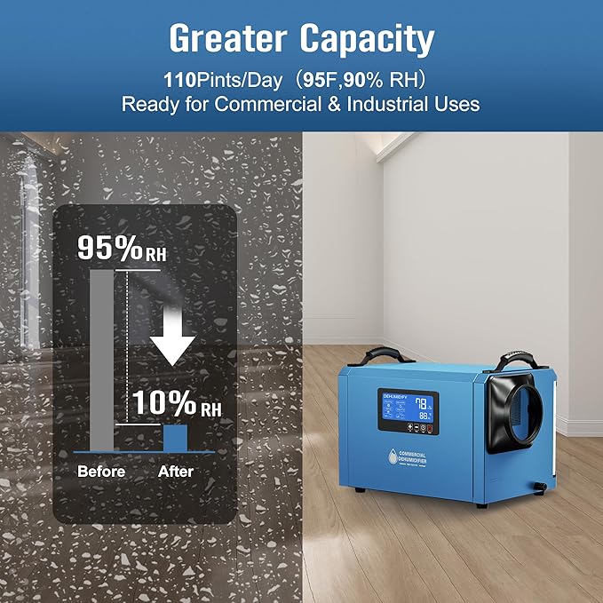 145 Pints Commercial Dehumidifier for Large Basements & Crawl Spaces up to 6500 Sq.Ft, Industrial Dehumidifiers for Water Damage Restoration, Auto Defrost, Continuous Drain Hose, Memory Function, Blue - Image 5