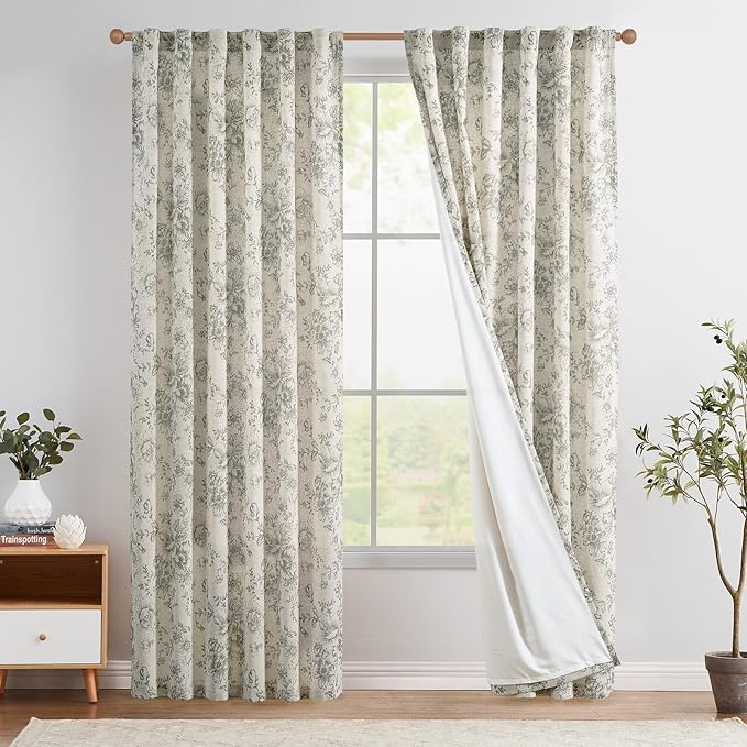 jinchan Lined Linen Blend Curtain Floral Curtains for Living Room 84 Inches Long Grey Peony Flower Printed Curtain Back Tab Farmhouse Patterned Drapes Bedroom Window Curtains Set 2 Panels by JINCHAN