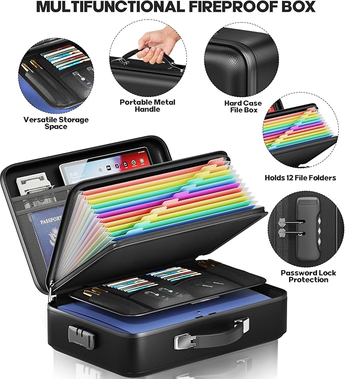 Fireproof Document Box, Hard Case Highly Flame-Resistant Fire Proof Waterproof File Organizer with Lock, Portable Fire Safe for Important Documents & Valuables Storage (Black, ‎16"*12"*5") - Image 5