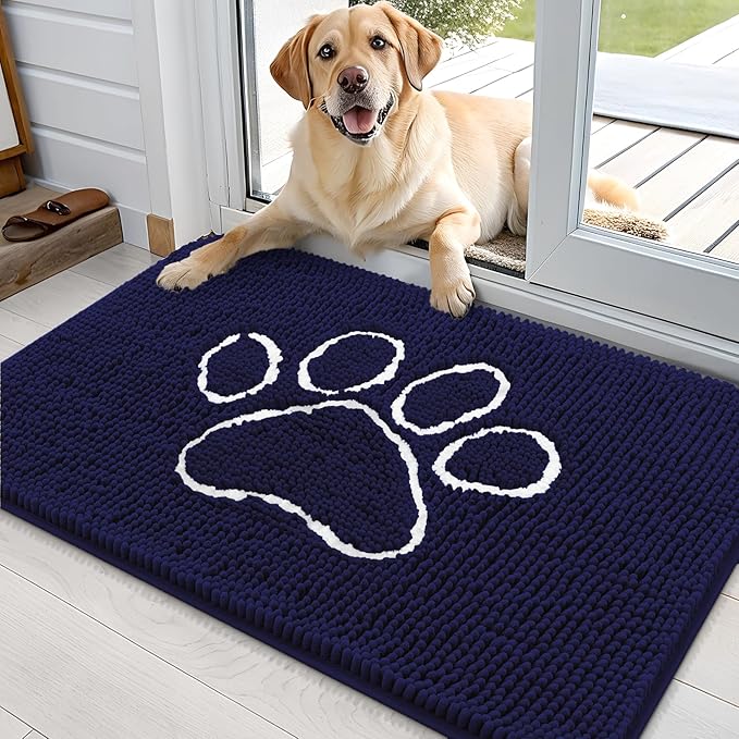OLANLY Dog Door Mat for Muddy Paws 36x24, Paw Print Design, Absorbs Moisture and Dirt, Absorbent Non-Slip Washable Doormat, Quick Dry Chenille Mud Mat for Dogs, Entry Indoor Entryway Carpet, Navy Blue by OLANLY