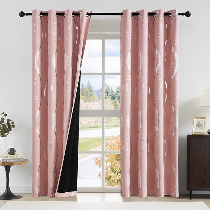 NICETOWN 100% Blackout Pink Curtains for Bedroom and Living Room, 52 inch by 84 inch, Easy Care Solid Thermal Insulated Grommet Wave Pattern Panels and Drapes for Bedroom Decoration, 2 Pieces by NICETOWN