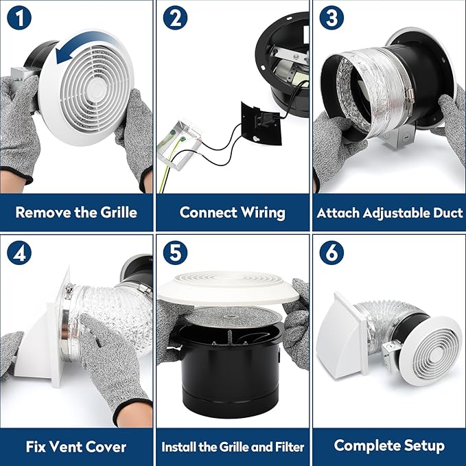 512M 6 Inch Through-the-Wall Exhaust Fan with White Grille, 80 CFM, 4.0 Sone, 16-Inch Retractable Duct, Household Ventilation Fan for Attic, Garage, Kitchen and Bathroom Exhaust Fan, Bathroom Vent Fan - Image 3