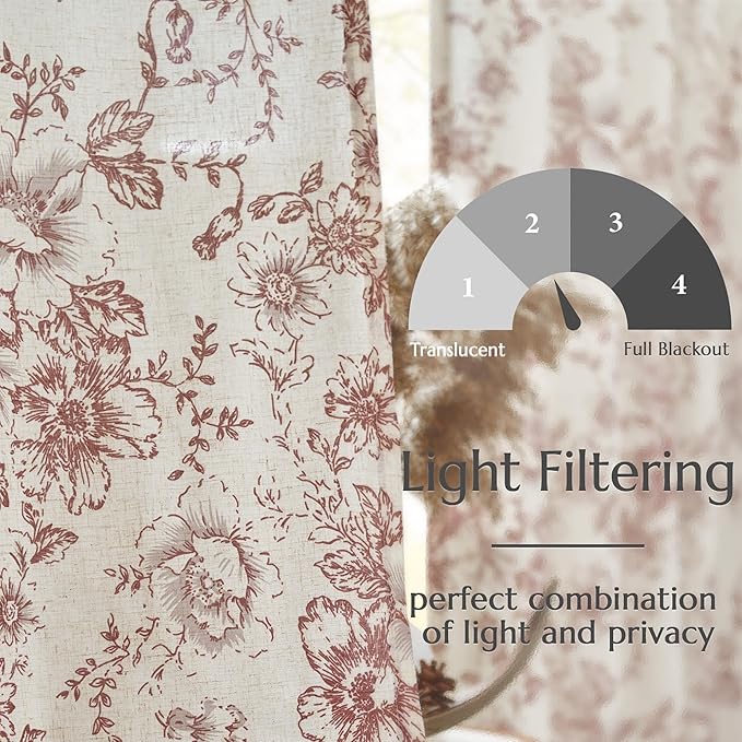 jinchan Linen Blend Curtain Floral Curtains for Living Room 90 Inch Length Farmhouse Brick Red Printed Curtain Rod Pocket Back Tab Peony Flower Patterned Drapes Curtains Set 2 Panels - Image 3
