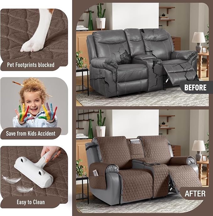 TAOCOCO 100% Waterproof Loveseat Recliner Couch Sofa Covers with Console,Double Reclining Couch Cover Non-Slip Sofa Slipcovers Washable,Furniture Protector Covers for Kids,Pets(2 Seater,Brown) - Image 2