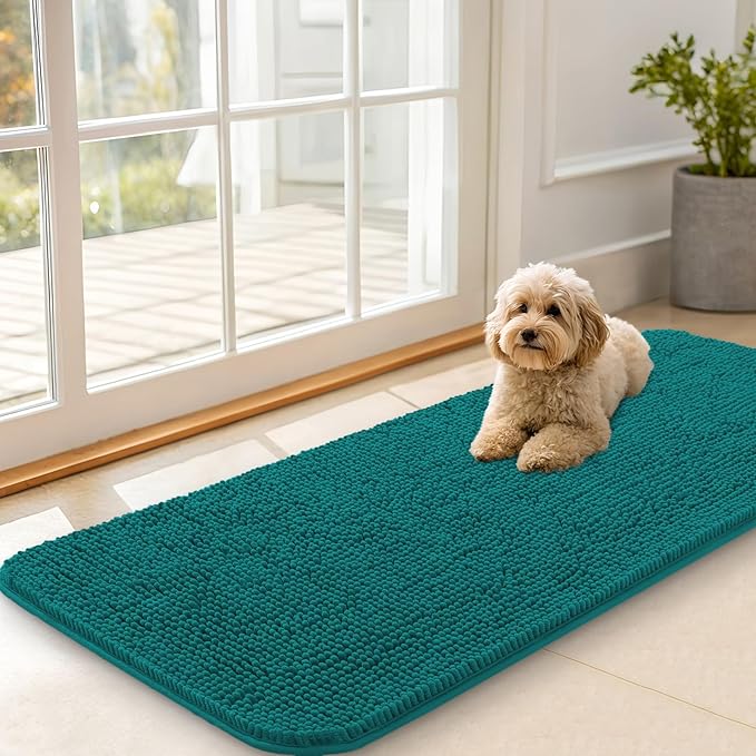 OLANLY Dog Door Mat for Muddy Paws 47x20, Absorbs Moisture and Dirt, Absorbent Non-Slip Washable Doormat, Quick Dry Chenille Mud Mat for Dogs, Entry Indoor Entryway Carpet for Inside Floor, Lake Blue by OLANLY