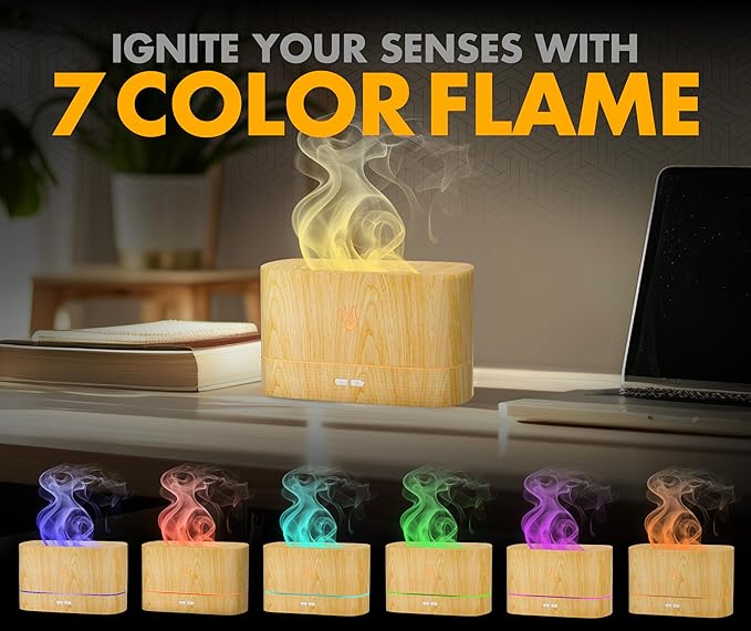 Colorful Aroma Essential Oil Diffuser for Home, Quiet Cool Mist Flame Humidifier for Bedroom with Remote, Fire Flame Diffuser Humidifier with Scent (Light Wood) - Image 2