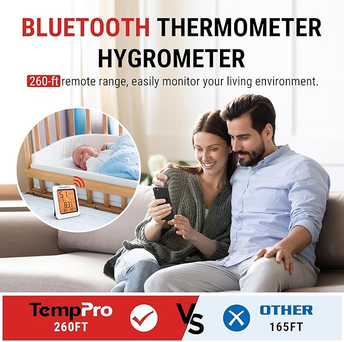 TempPro Hygrometer Thermometer for House, Bluetooth Room Indoor Greenhouse Thermometer Monitor Up to 260FT, Backlit Humidity Meter Temperature Sensor with 2-Year Data Export(Previously ThermoPro) - Image 3