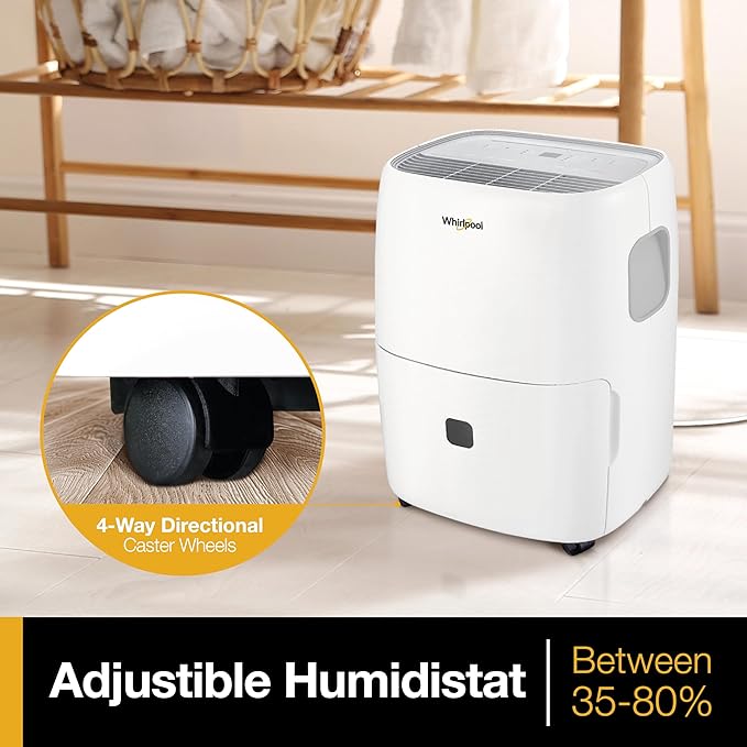 Whirlpool Energy Star 50-Pint Portable Dehumidifier with Built-in Pump, Auto-Shutoff and Timer, Home Dehumidifier and Moisture Absorber For Basement, Garage, Living Room in White - Image 7
