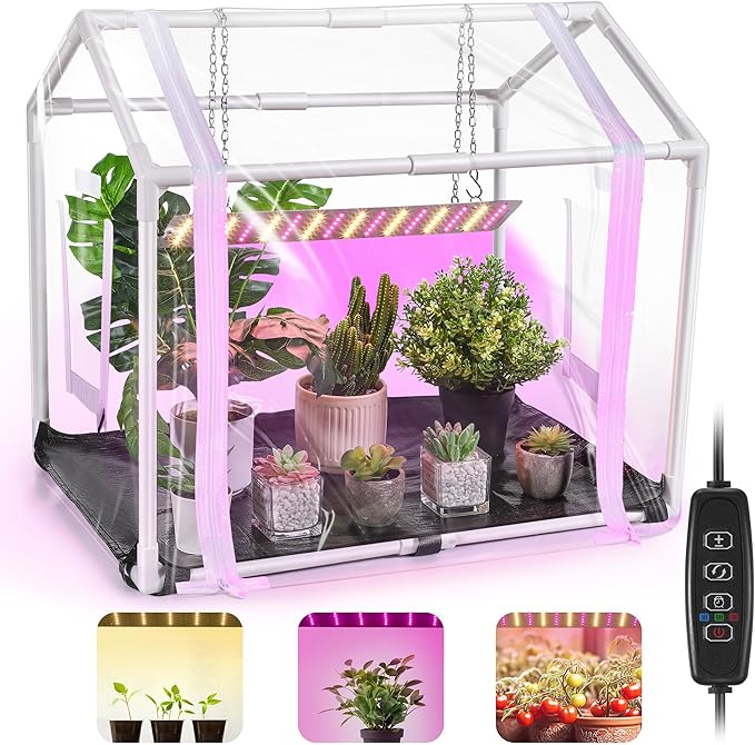 Meonum Mini Greenhouse for Indoor Outdoor, 23.6"L x 15.7"W x 19.6"H Portable Greenhouse with Waterproof Bottom Mat, Timer, 3 Light Color Mode for Indoor Outdoor Seed Starter Tray (Mini House Shape) by Meonum
