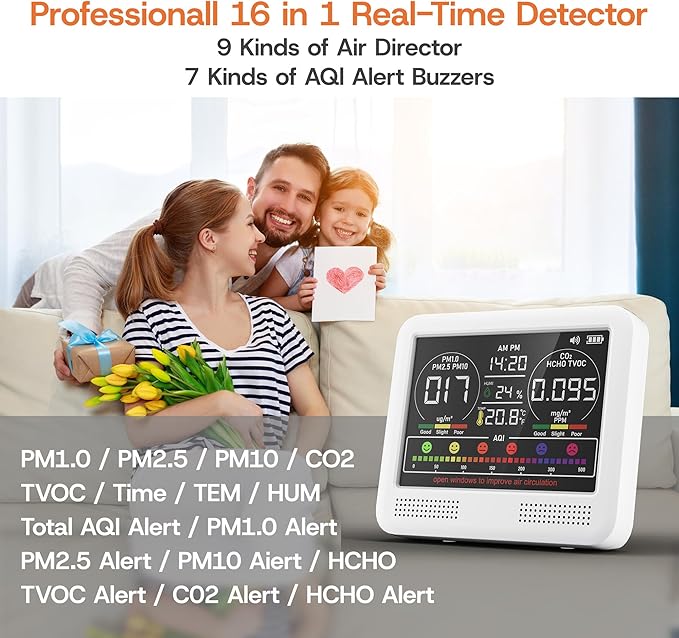 16-in-1 Indoor Air Quality Monitor with PM1.0,PM2.5,PM10,CO2,HCHO,TVOC,Temperature,Humidity,Time Display &7 AQI Alarms – Professional Air Quality Tester for Home, Office & Indoor Use (Milky White) - Image 3