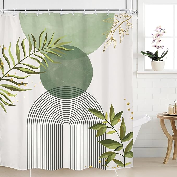 Sage Green Boho Shower Curtain 60Wx72H Modern Bohemian Abstract Leaves Olive Dark Green Mid Century Plant Bathroom Decor Minimalist Geometric Arch Bath Curtain Fabric Polyester 12 Pack Hooks by MitpokBrand
