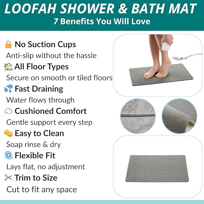 ENKOSI Loofah Non-Slip Shower and Bath Mat - Soft Cushioned Comfort - No Suction Cups for Smooth or Textured Tubs - Fast Draining - Safety for Bathroom, Family, Kids, and Elderly 24x16 (Grey) - Image 3