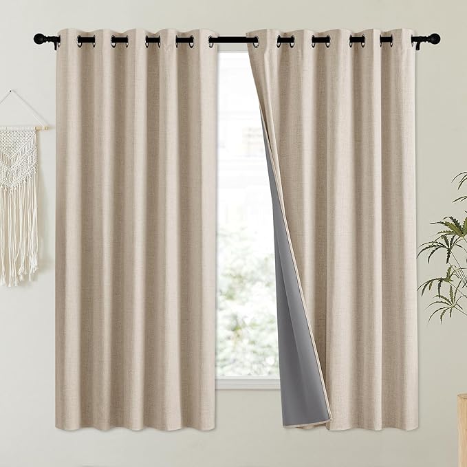 NICETOWN Oatmeal Vintage Open Linen Weave Flax Thermal Curtains, 100% Blackout Curtains 63" Long for Dining Room, Soundproof Window Treatment Drapes for Dorm Room, 62" Wide Per Panel, Set of 2 - Image 2