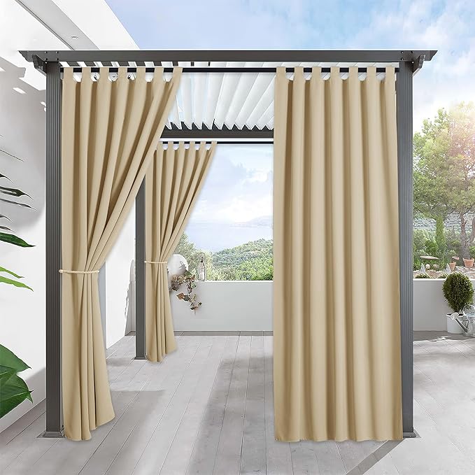 RYB HOME Outdoor Curtains for Patio Waterproof Tab Top Block Sunlight Thermal Insulated Privacy Assured Thick Outside Curtains for Porch, Balcony, Pool, W52 x L95, Cream Beige, 1 Panel by RYBHOME