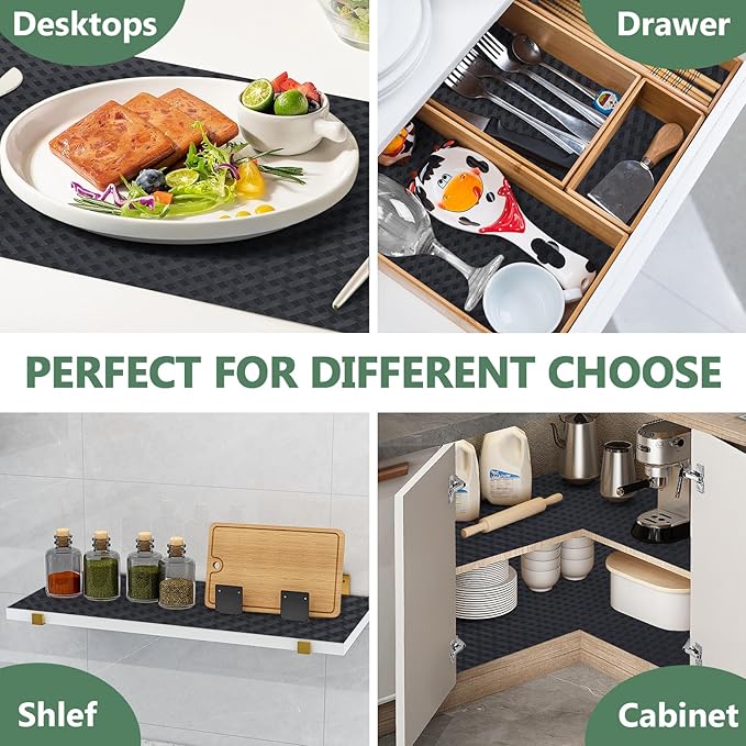 Shelf Liners, Non-Adhesive Drawer Liner, Waterproof & Oil-Proof Kitchen Cabinet Cupboard Liner Plastic EVA Material BPA Free Fridge Liner Mats Paper Protector for Shelves (Black/16in x 240in) - Image 6